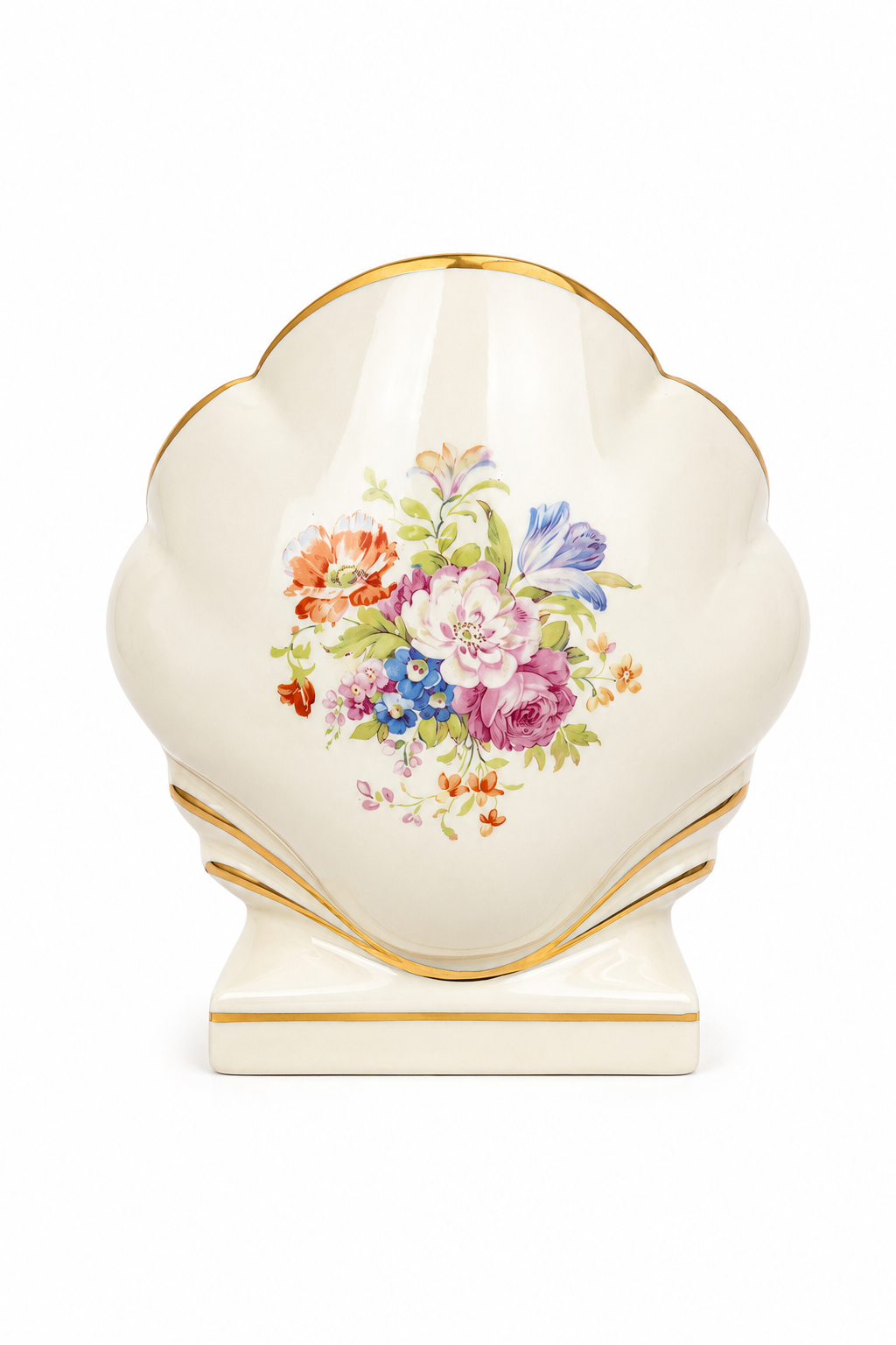 Vintage 1940s Clam Shell Ceramic Vase | Hand-Painted Floral Bouquet | Gold Trim | Cottage & English Country Décor