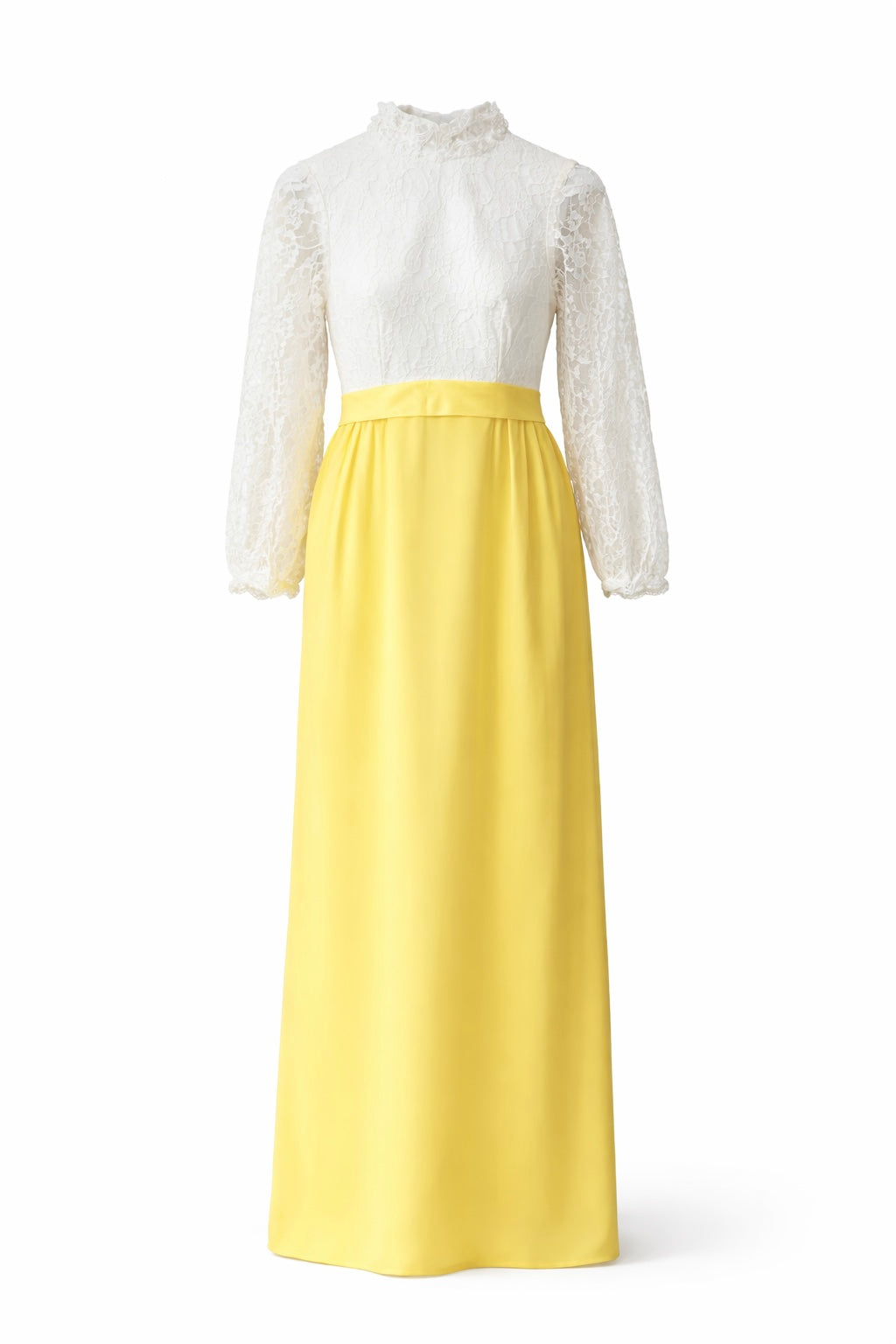 Buttercup Lace 1960s Vintage Dress – Ivory Lace & Yellow Maxi Gown (XS–S)