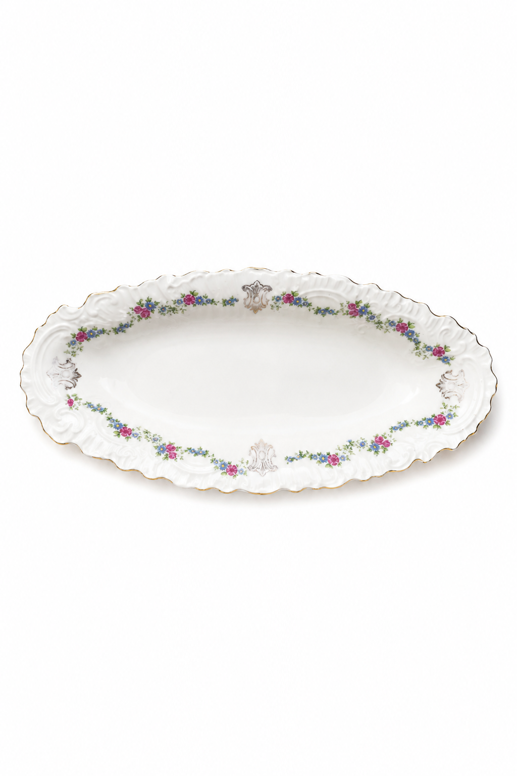 Antique 1884–1909 Moritz Zdekauer Altrohlau Austria Porcelain Oval Serving Platter Pink & Blue Floral Garland Gold Trim | 13”