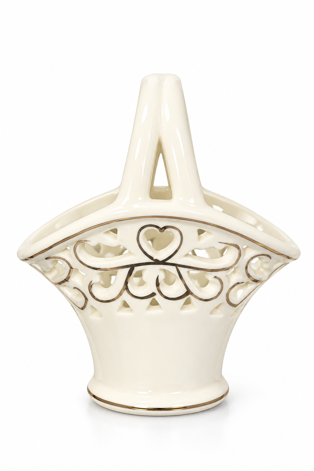 Vintage 1980s Ivory Porcelain Pierced Heart Mini Basket with Gold Trim – Trinket & Vanity Dish
