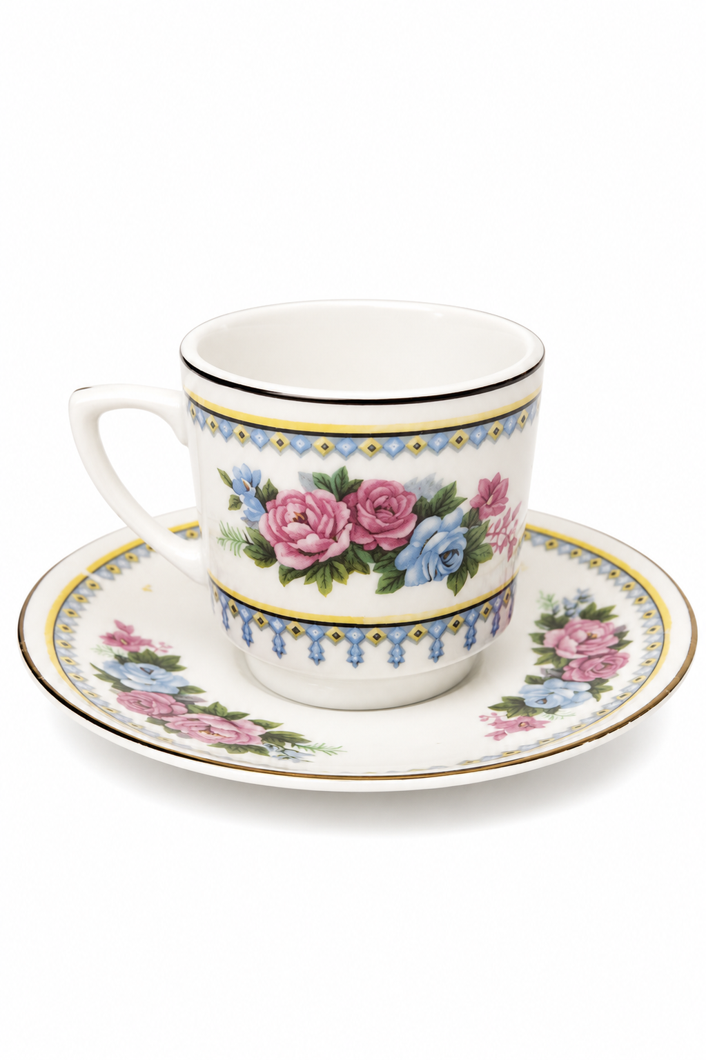 Vintage 1970s–80s C. Art HK Demitasse Cup & Saucer Set | Pink & Blue Roses | Floral Espresso Cup