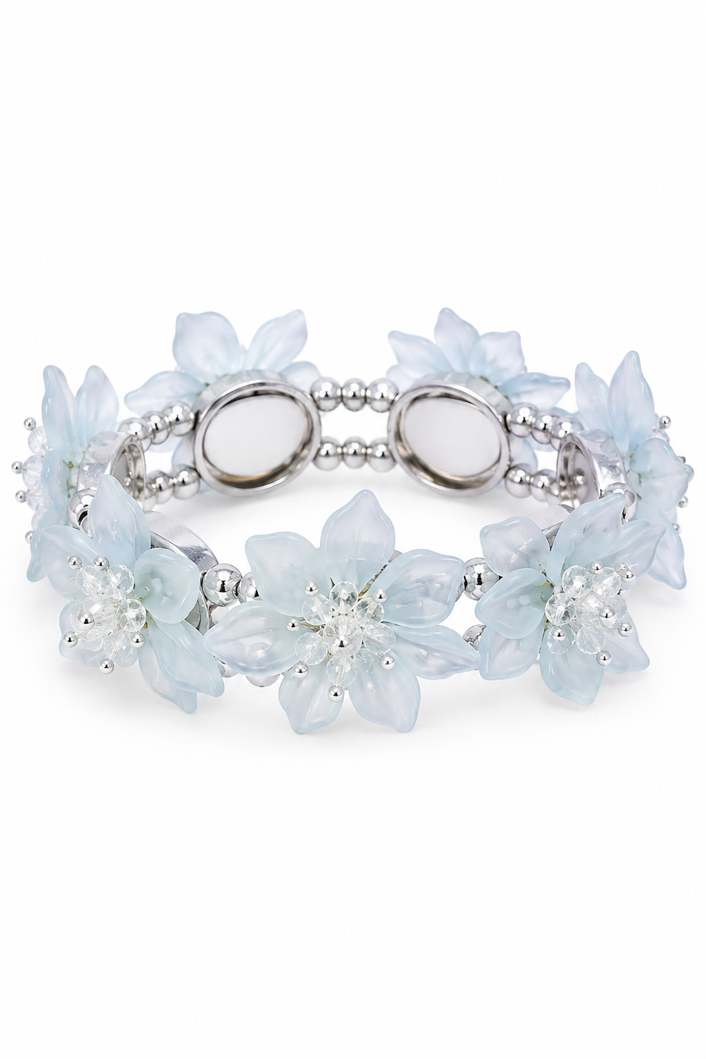 Vintage 1950s–1960s Blue Floral Stretch Bracelet | Mid-Century Lucite Flower Bracelet | Retro Statement Jewelry