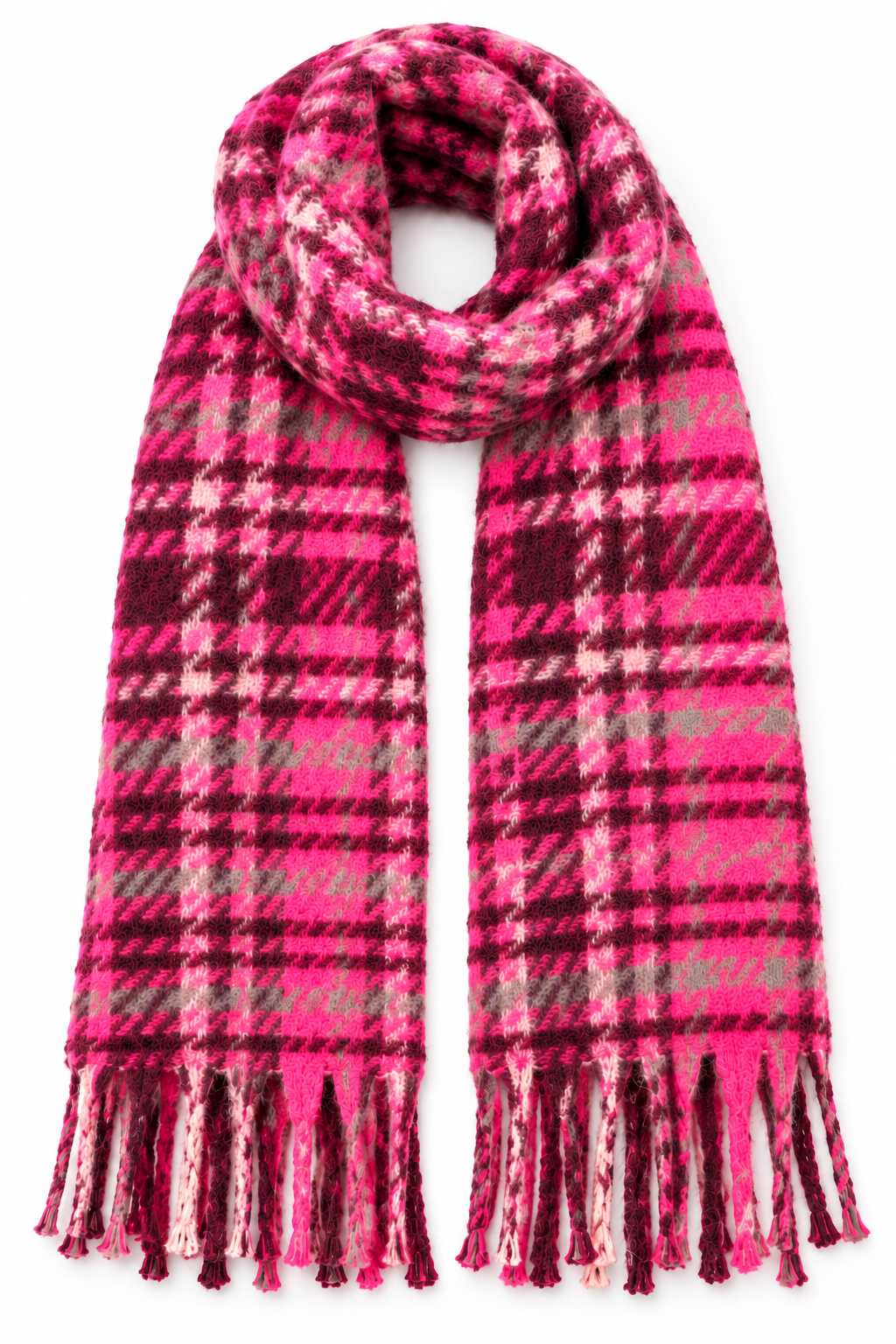 Romantic Berry Pink Plaid Chunky Fringe Scarf