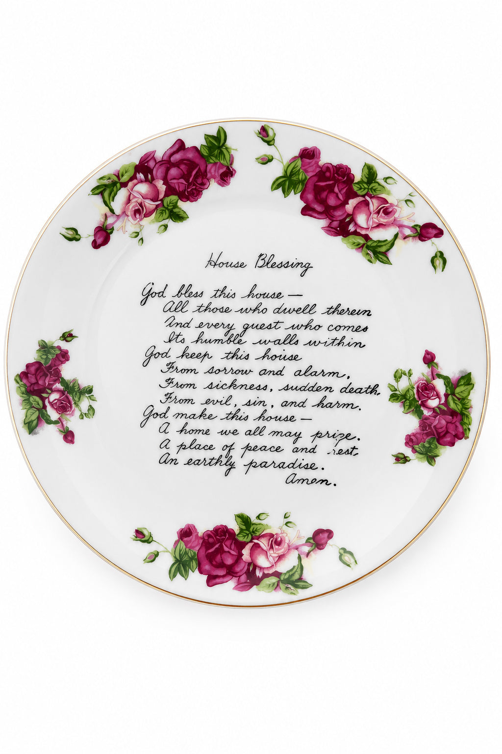 Vintage House Blessing Prayer Decorative Wall Plate | Floral Rose Porcelain Hanging Plate | Religious Home Décor | 8.5”