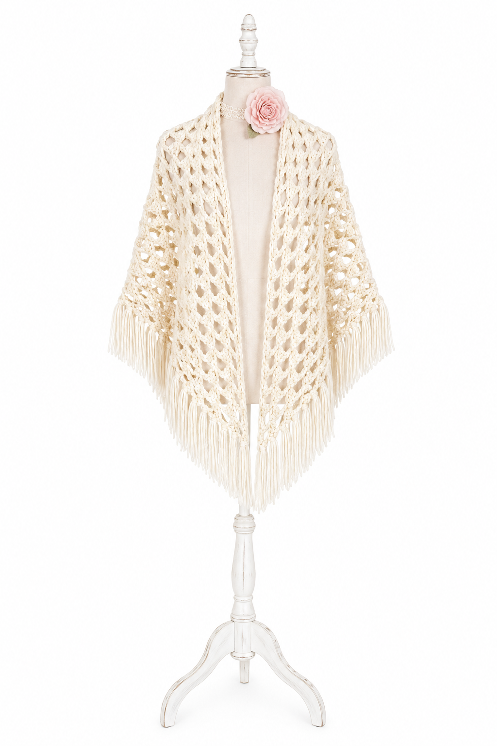 Vintage Ivory Hand-Crocheted Fringe Shawl Wrap – Romantic Open Knit | One Size