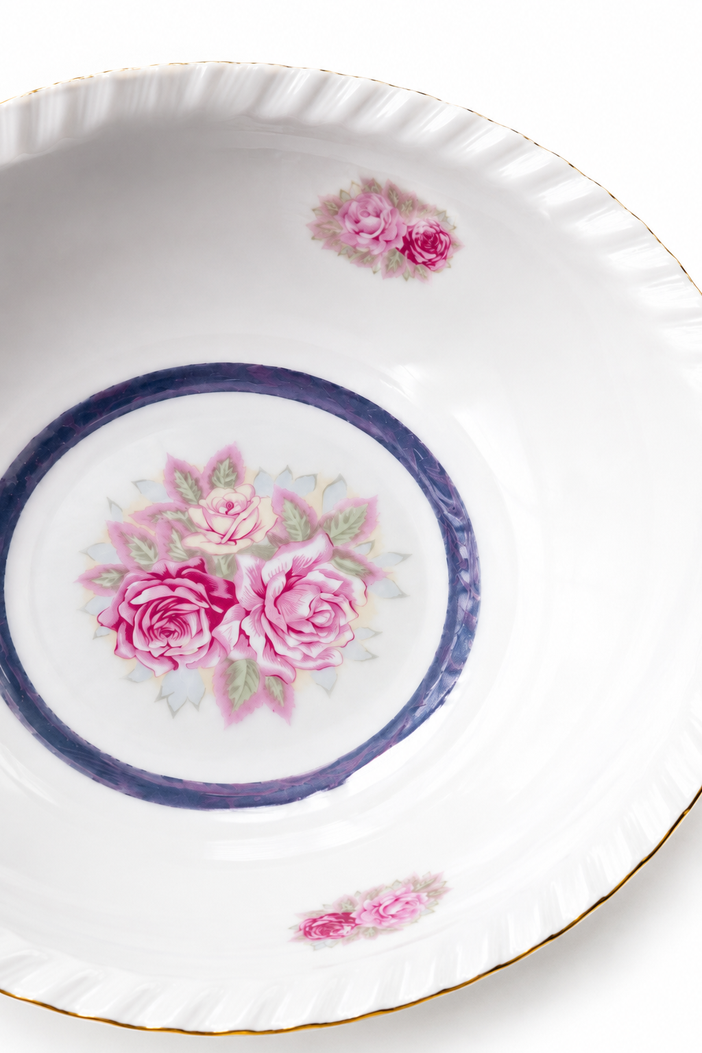 Vintage 1950s–1970s Japan Porcelain Serving Bowl Pink Rose Floral Blue Band Gold Trim | 9” Bowl