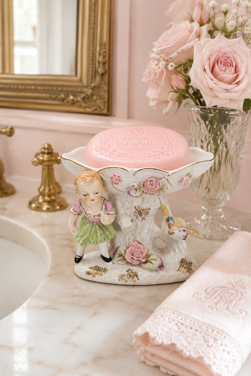 Vintage 1940s–1950s Porcelain Child & Bird Soap Dish | Floral Trinket Dish