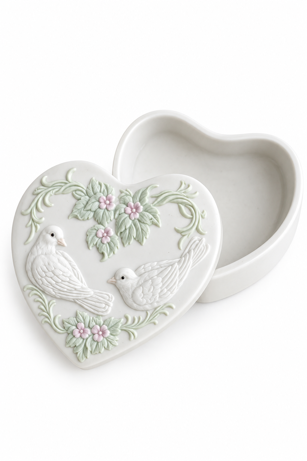 Vintage 1970s–80s Crowning Touch Japan Lovebirds Heart Jewelry Box | White Bisque Porcelain
