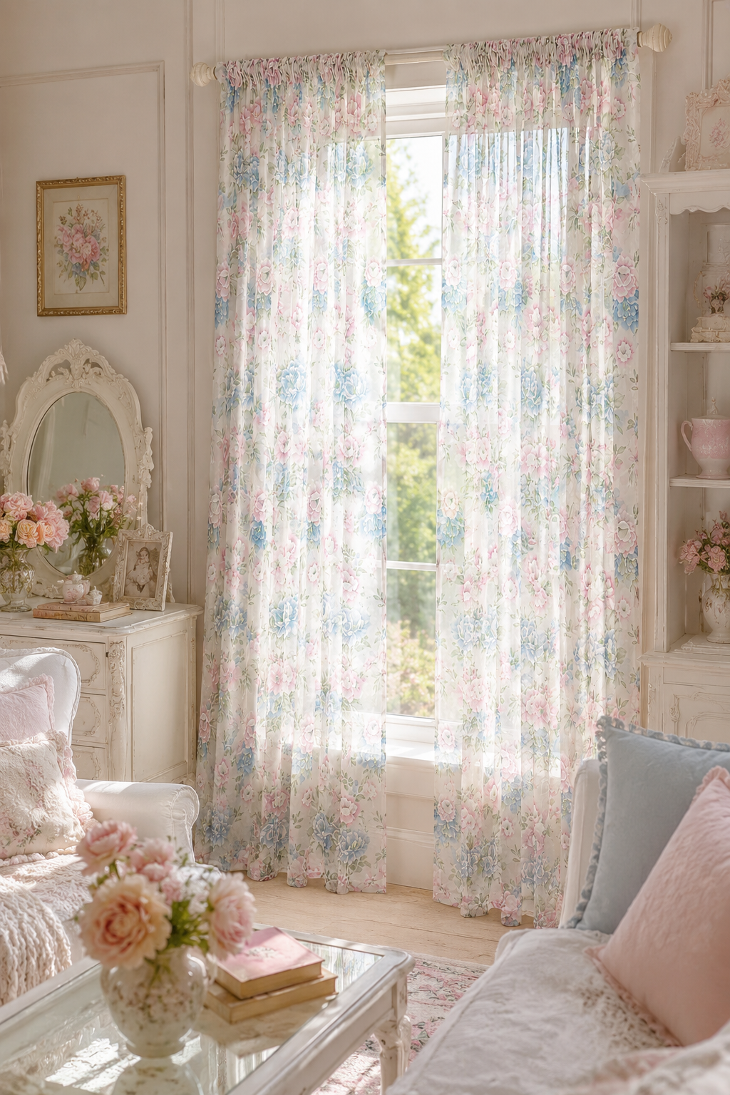 Vintage New Old Stock Sheer Floral Curtain Panels (Set of 2) | Rose & Blue | Cottagecore | 40” x 63”