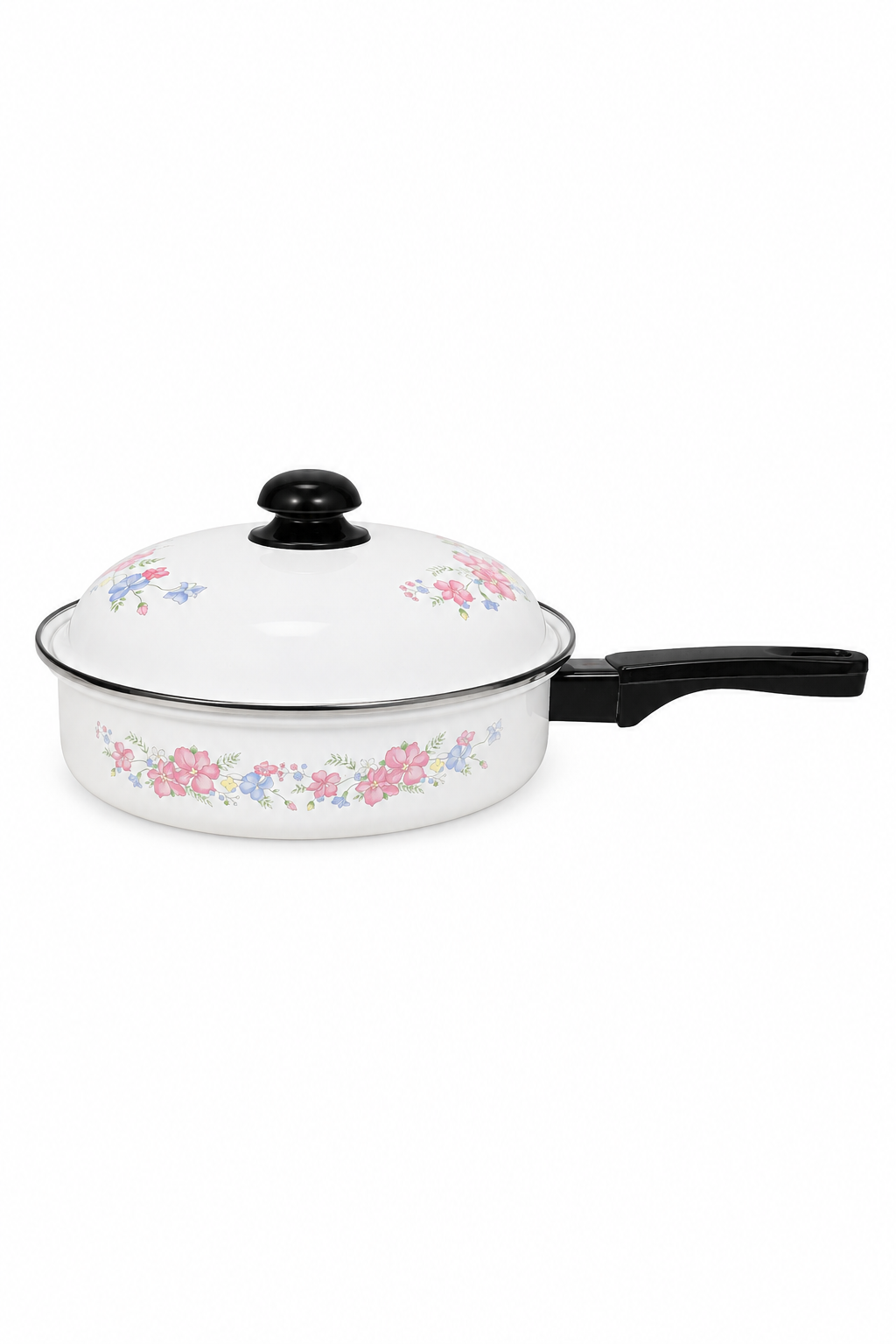 Vintage 1970s White Enamel Floral Covered Skillet | Cottagecore Enamel Pan with Lid | New Old Stock Kitchen Cookware