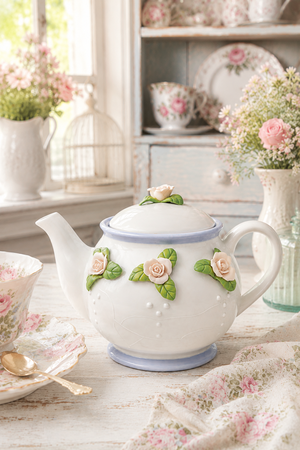 Vintage Teleflora Ceramic Teapot | White with Blue Trim & Raised Pink Roses | Cottage Floral Tea Pot