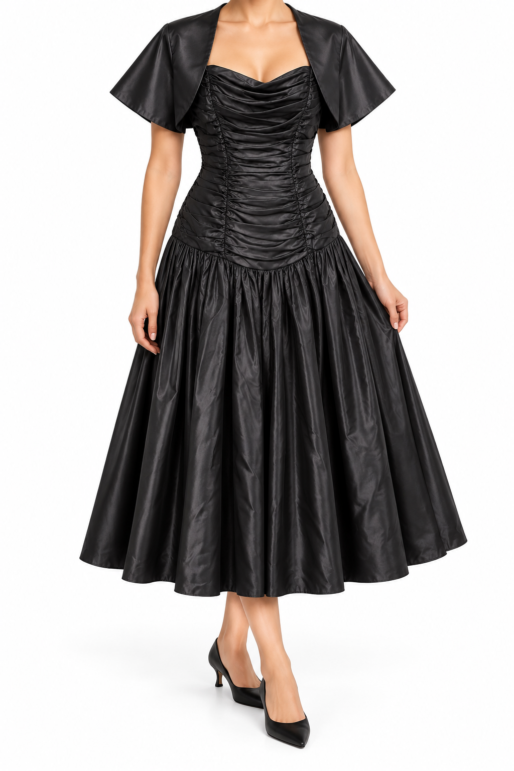 Vintage 1950s Black Ruched Strapless Evening Gown & Cropped Cape Jacket Two-Piece Set | XS