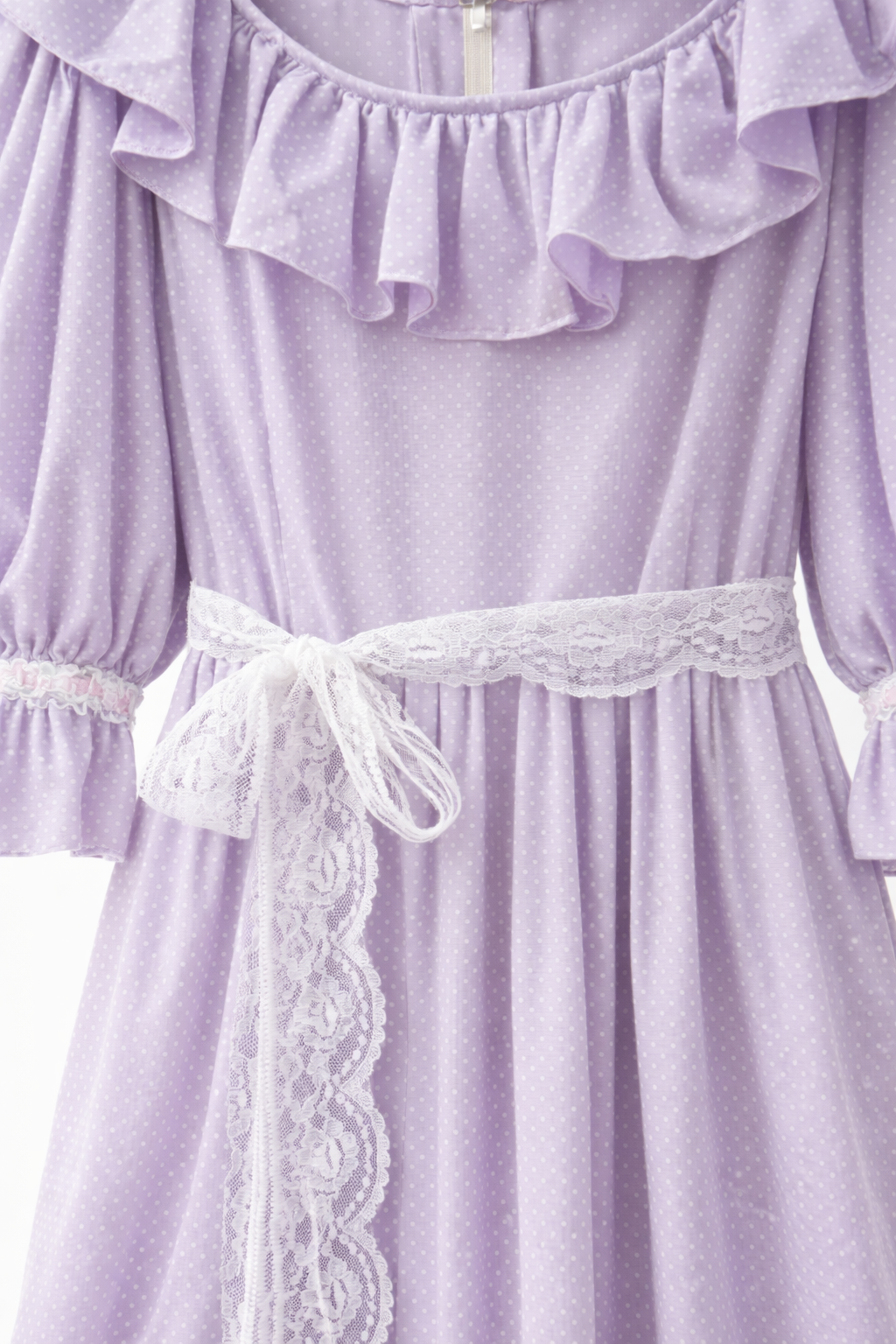 “Lavender Waltz” Vintage Prairie Dress | Lilac Polka Dot Cottagecore Dress with Lace Sash