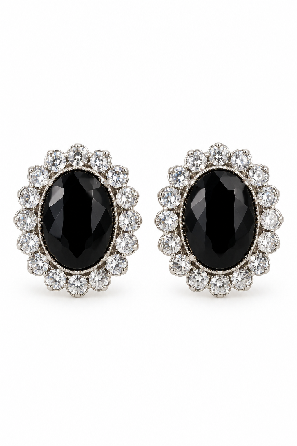 Vintage 1980s Black Faux Gemstone & Clear Rhinestone Halo Statement Stud Earrings – 1”