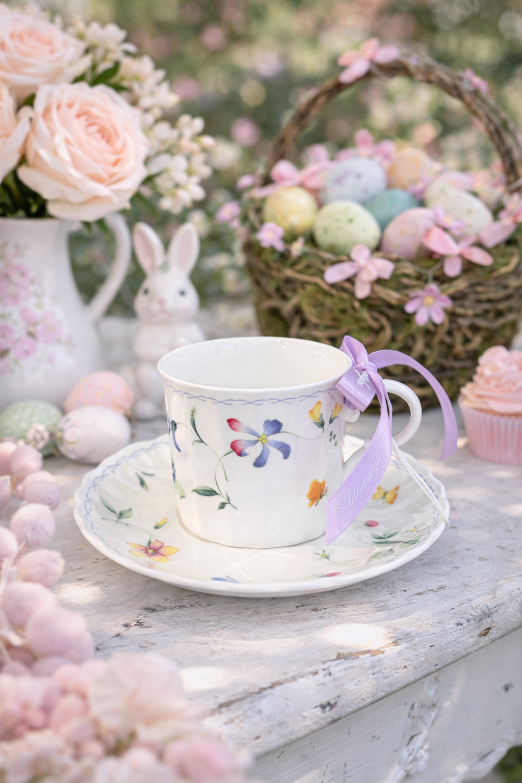 Mikasa Floral Teacup & Saucer | Delicate Garden-Inspired Porcelain Set with Ribbon Detail