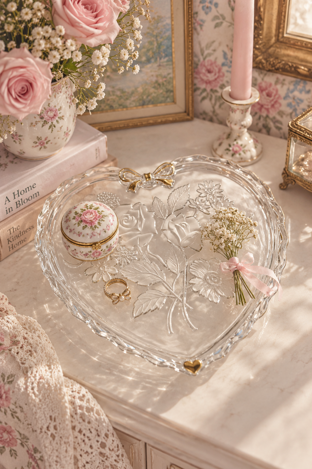 Rare Vintage Mikasa Crystal Rose “Golden Bouquet” Heart Cake Plate & Vanity Display Tray