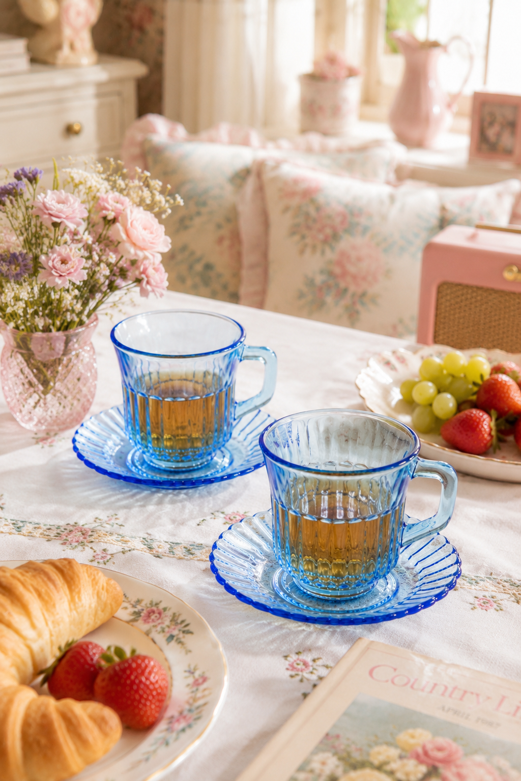 1960s FortecRisa Mexico Ice Blue Glass Teacup & Saucer | Vintage Blue Glass Tea Set | Sold Individually