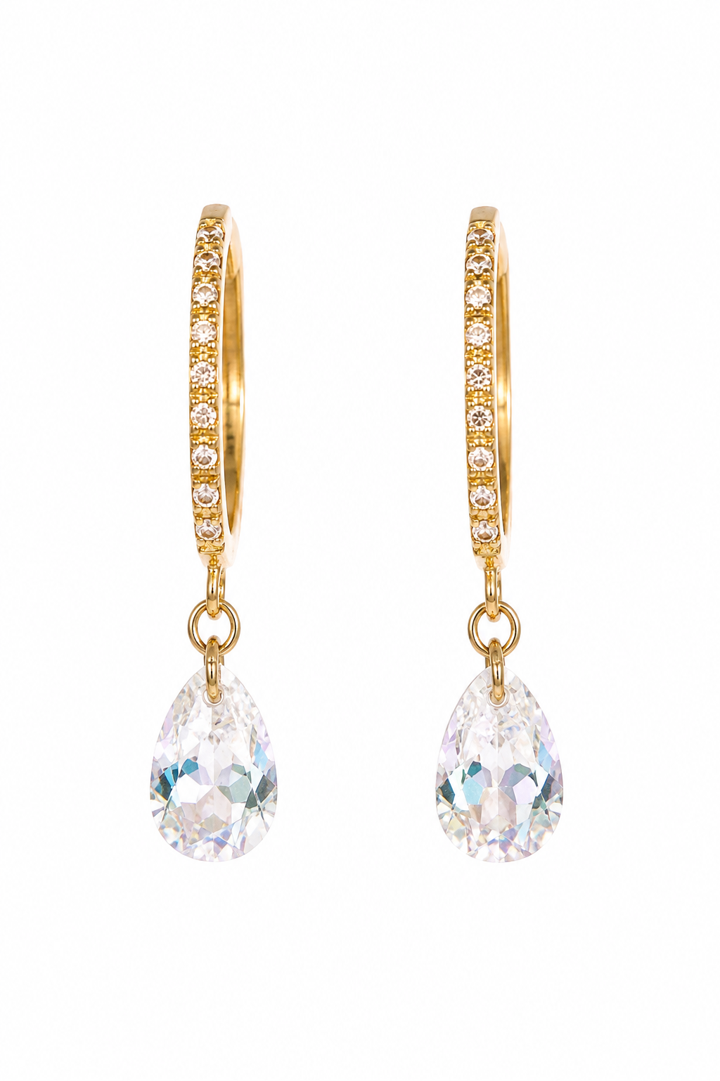 Y2K Gold-Tone Safety Pin Hoop Earrings with Clear Cubic Zirconia Teardrop Charms
