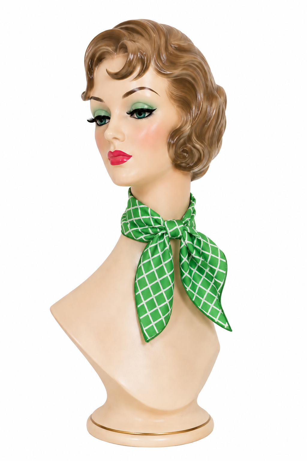 Green Geometric Neck Scarf | White Grid Print Polyester Scarf