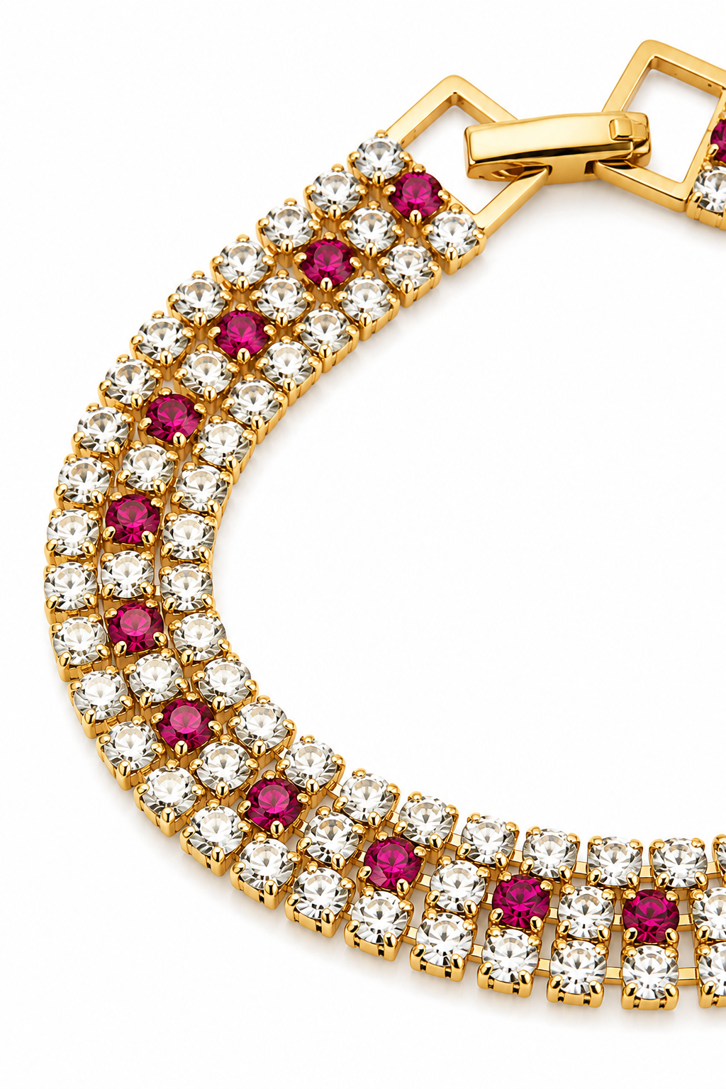 Vintage 1950s–1960s Triple Row Clear & Ruby Red Rhinestone Tennis Bracelet – Gold Tone Cocktail Bracelet