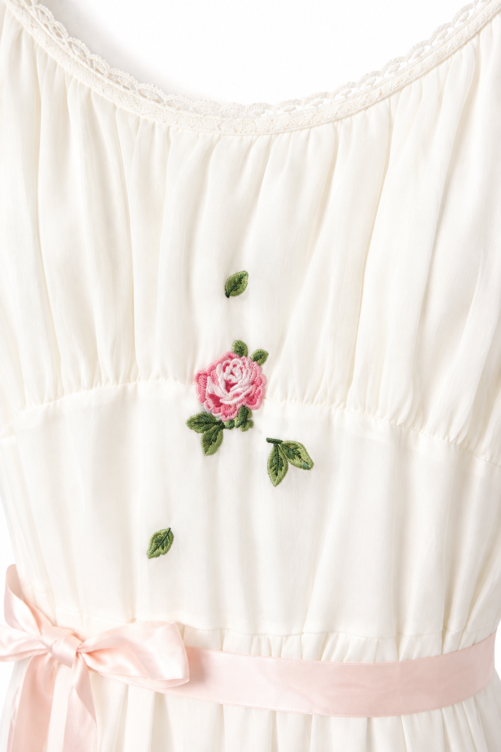 Vintage Ivory Pink Rose Nightgown | Romantic Floral Lace Maxi Gown with Satin Waist Tie – XS/S