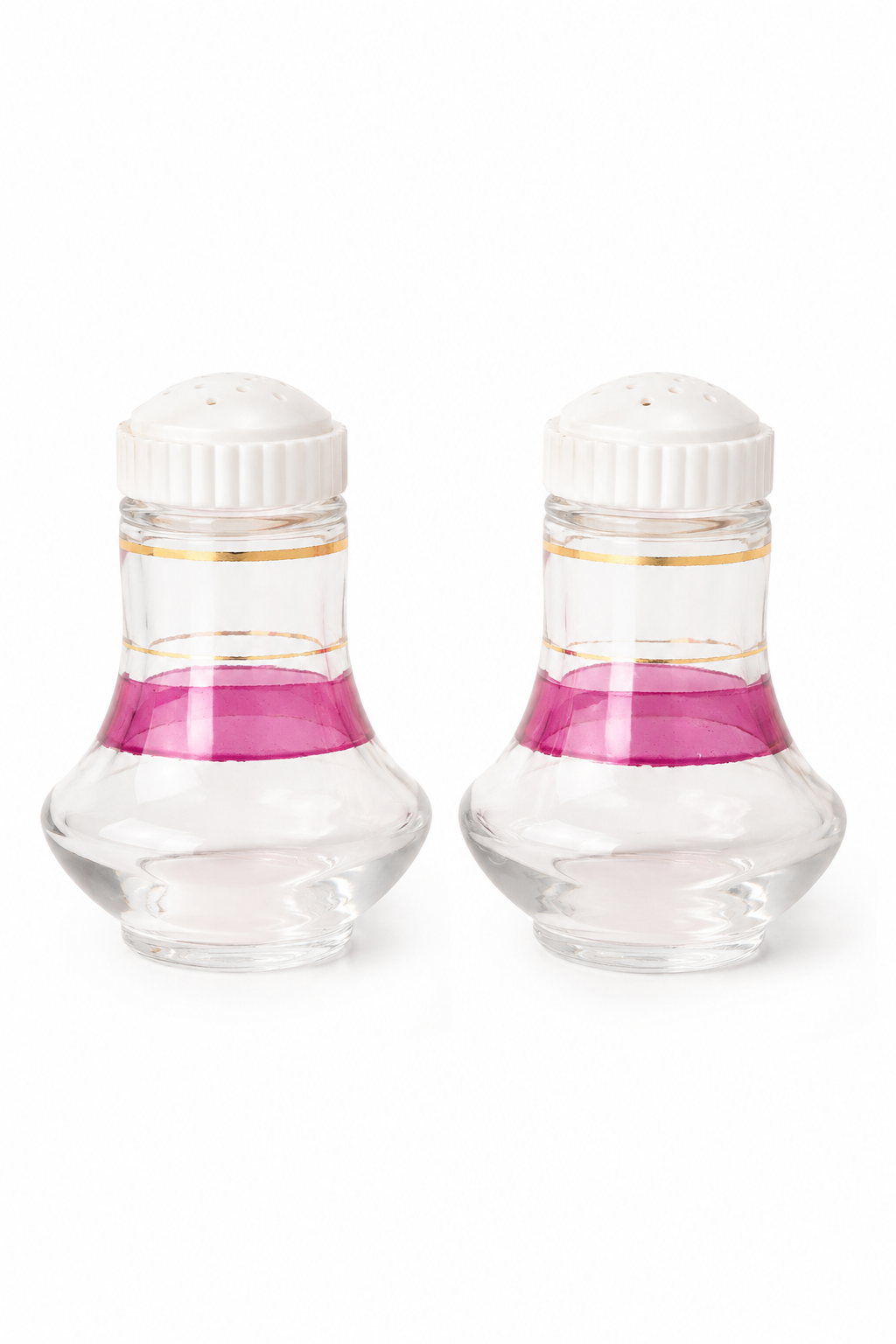 Vintage Retro Glass Salt & Pepper Shakers | Pink Accent & Gold Trim | Set of 2