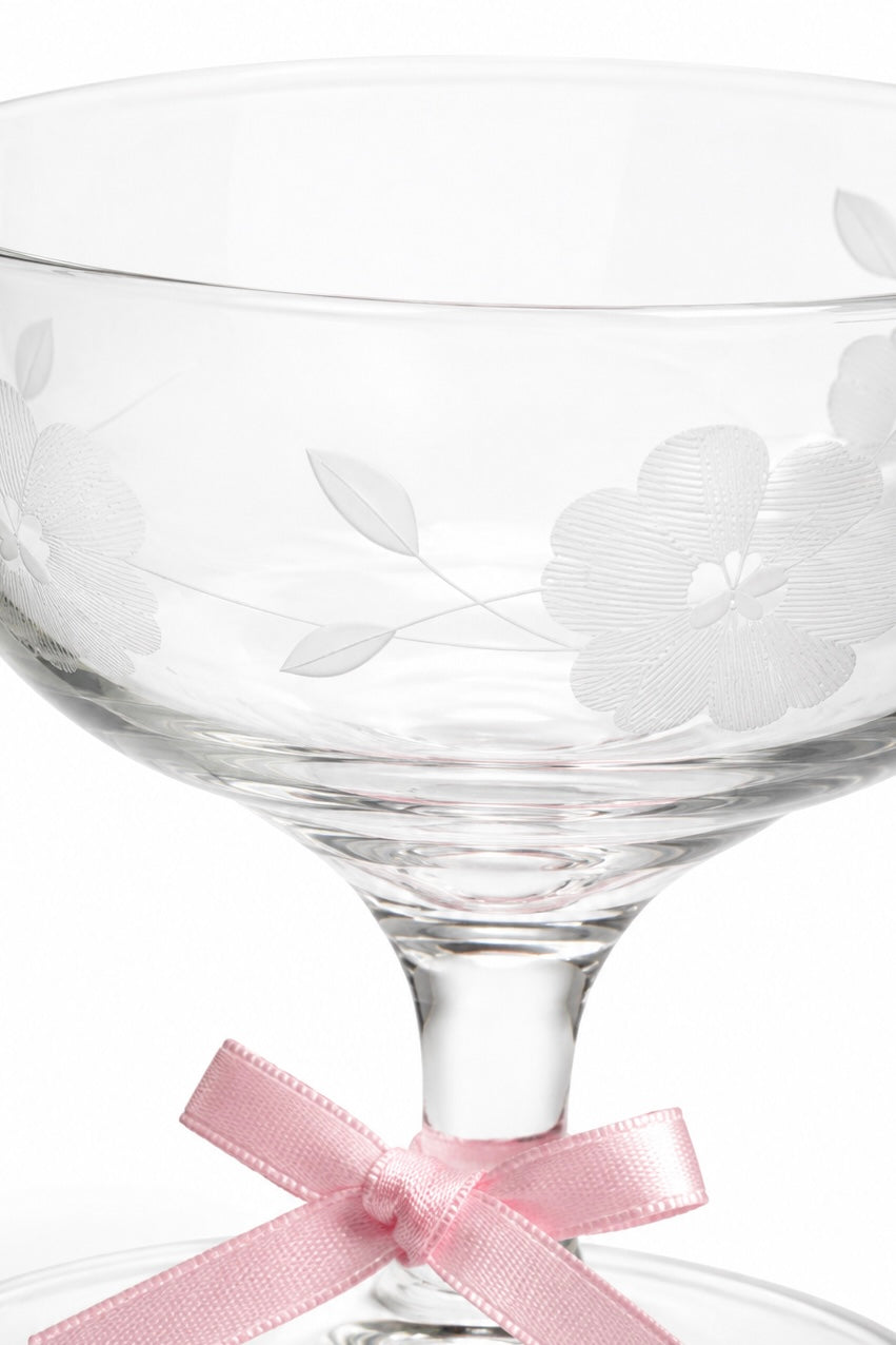 Vintage Etched Floral Cocktail Glasses | Set of 2 Clear Stemmed Coupe Glasses | Elegant Barware