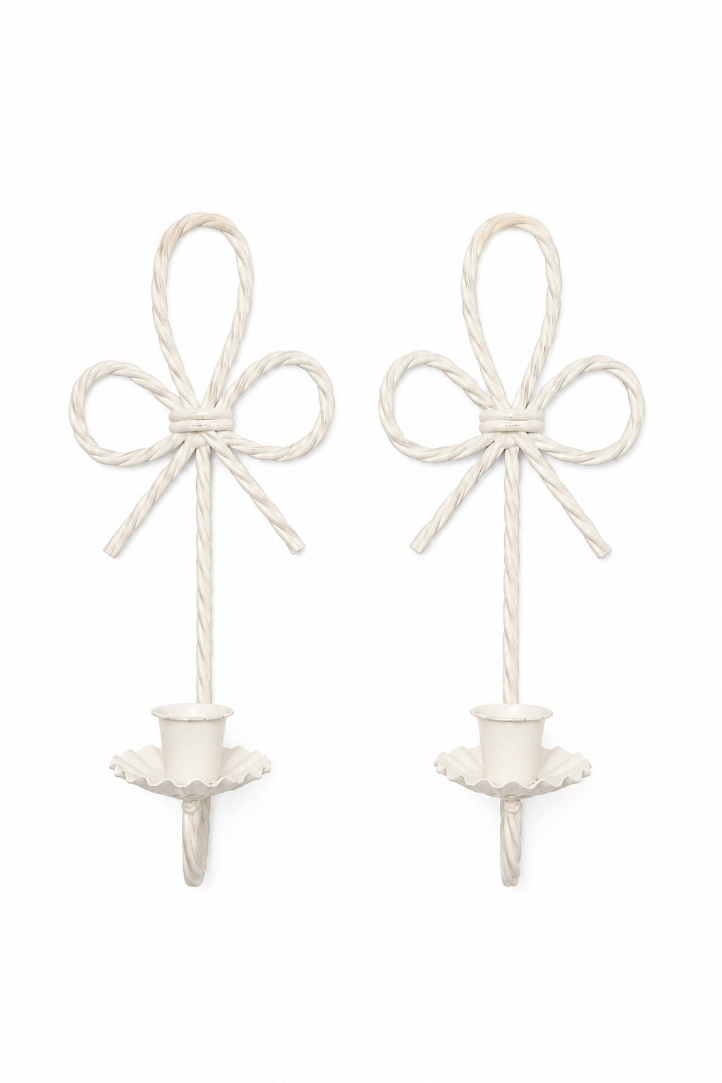 Vintage 1980s White Twisted Metal Wall Candle Sconces | Set of 2 Bow Wall Candle Holders