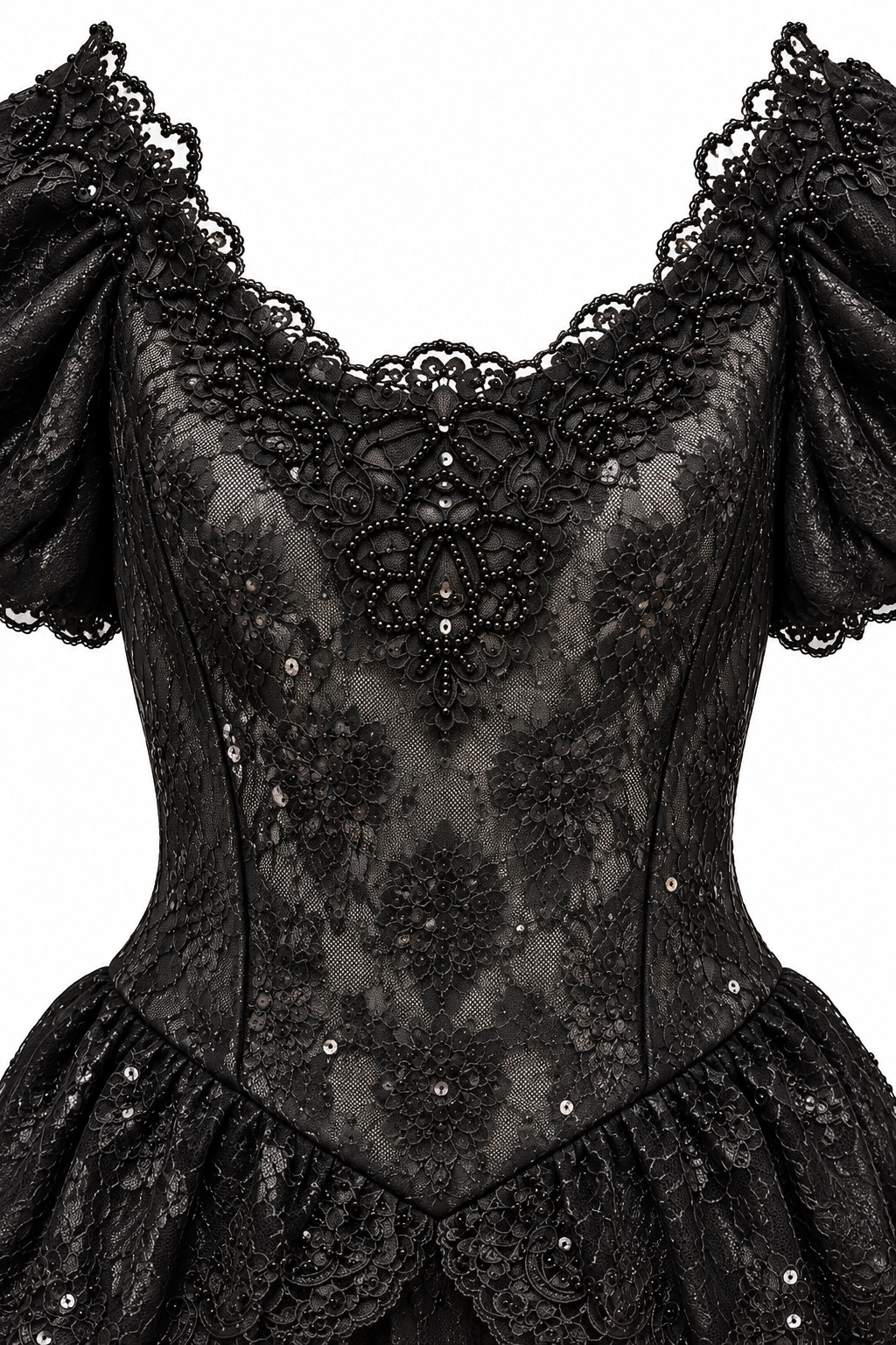 Vintage 1980s Escapades Black Lace Beaded Puff Sleeve Mini Dress – Size 8