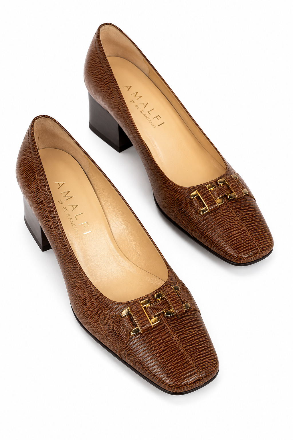 Vintage 1980s-90s AMALFI by Rangoni Italy Brown Genuine Reptile Leather Block Heel Pumps Size 8.5 Gold Buckle Shoes