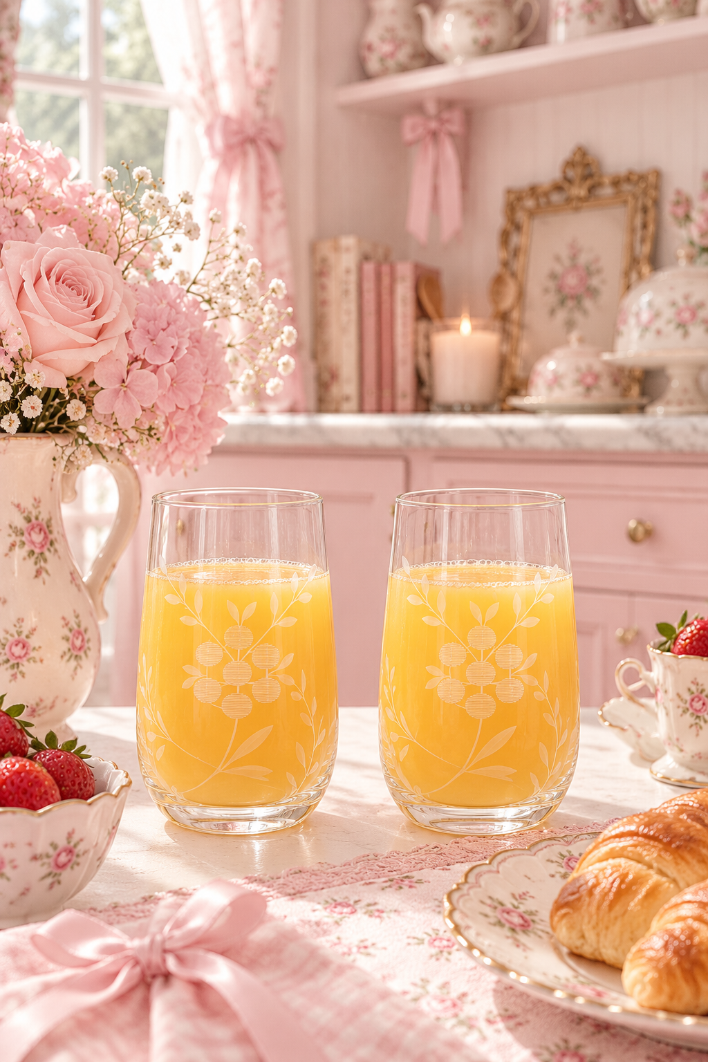 Vintage Etched Floral Drinking Glasses | Set of 2 | Clear Glass Tumblers | Juice, Water & Cocktail Glasses