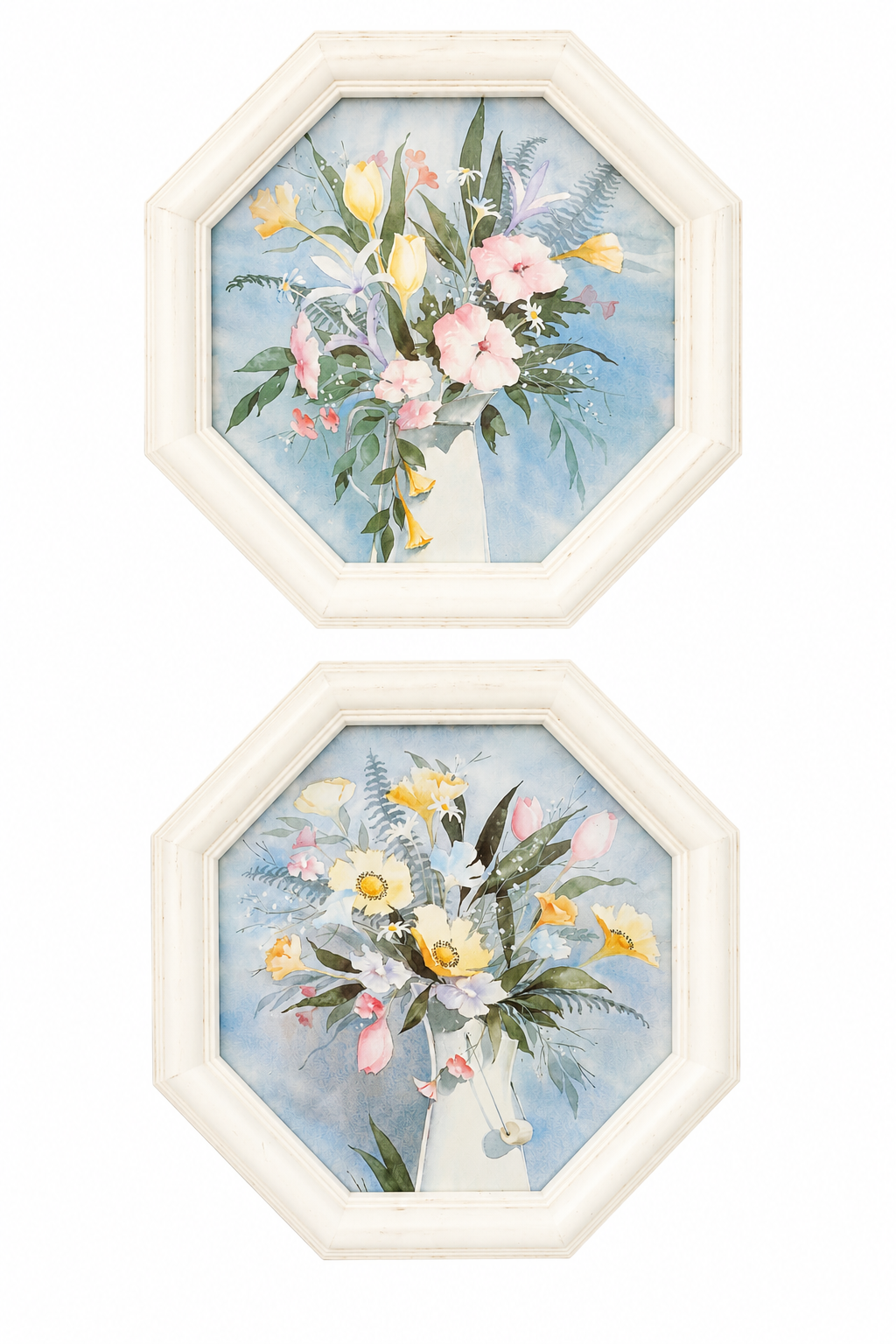 Vintage 1984 Syroco Floral Octagon Wall Art Set | Cottagecore Framed Botanical Prints | Set of Two