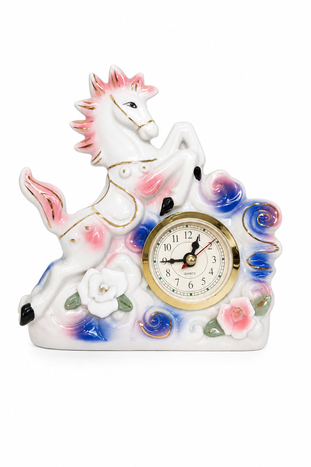 Vintage 1980s Ceramic Unicorn Quartz Clock – Pastel Pink & Blue Floral Mantel Desk Clock