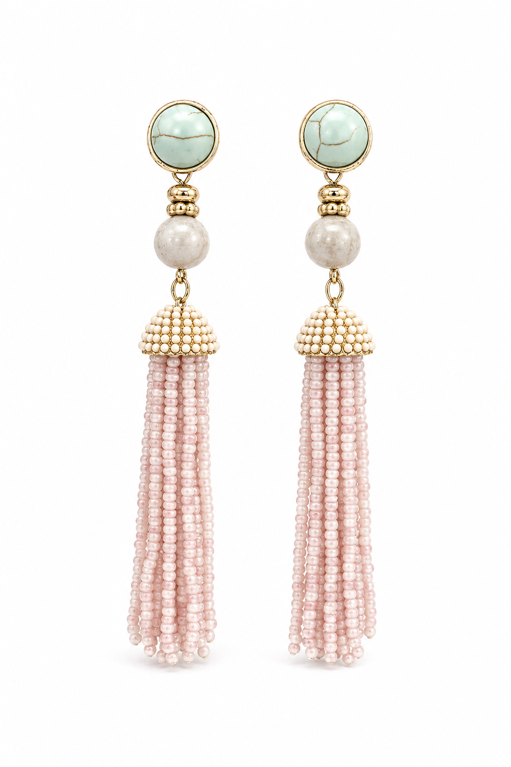 Pink Beaded Tassel Drop Earrings with Blue Stone Accent | Stud Earrings