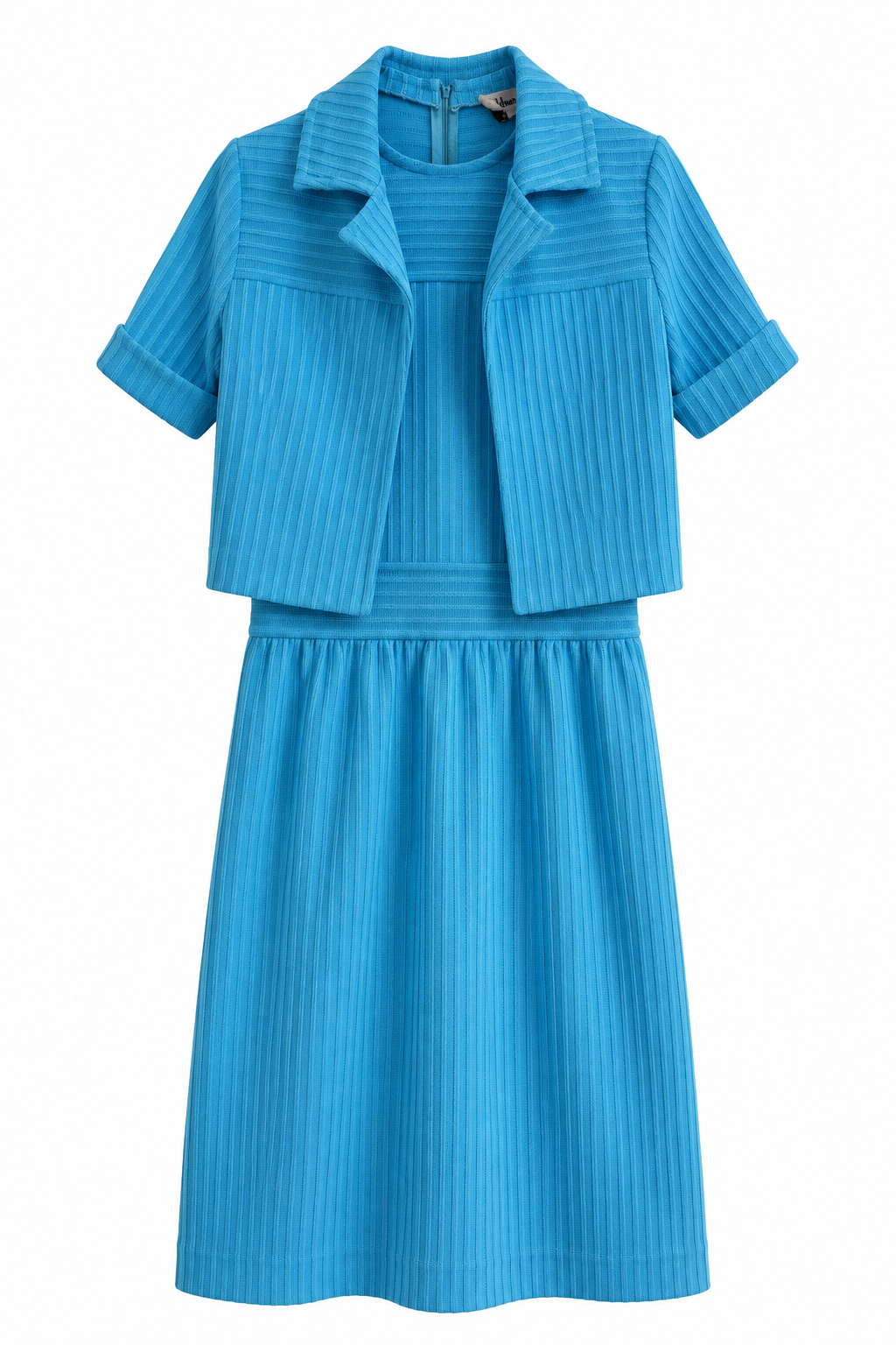 Vintage 1960s Italian Blue Dress & Jacket Set – Gold Worm Ribbed Knit Two-Piece | Made in Italy S/M
