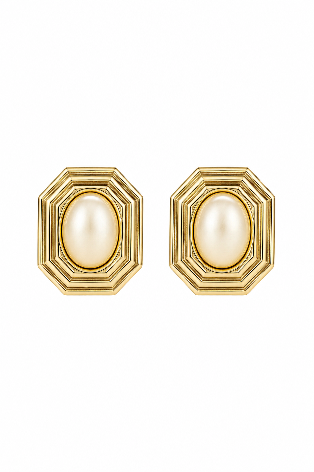Vintage Gold Tone Faux Pearl Octagon Stud Earrings
