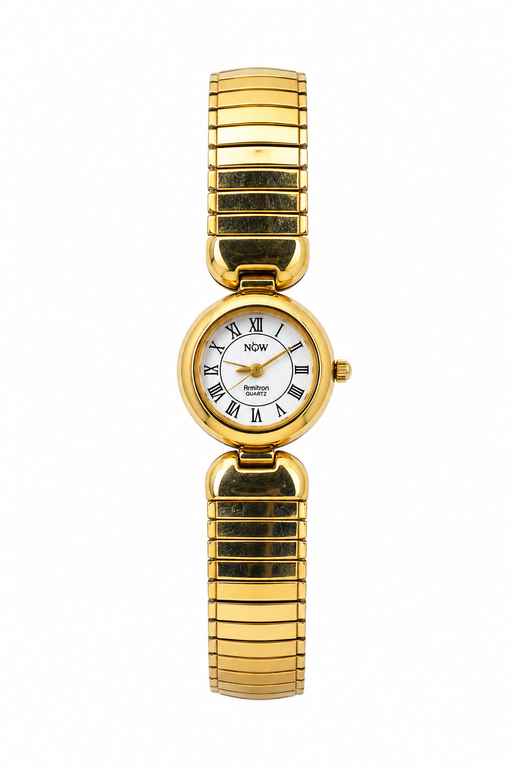 Vintage Armitron “NOW” Women’s Gold-Tone Quartz Dress Watch Stretch Bracelet Roman Numerals