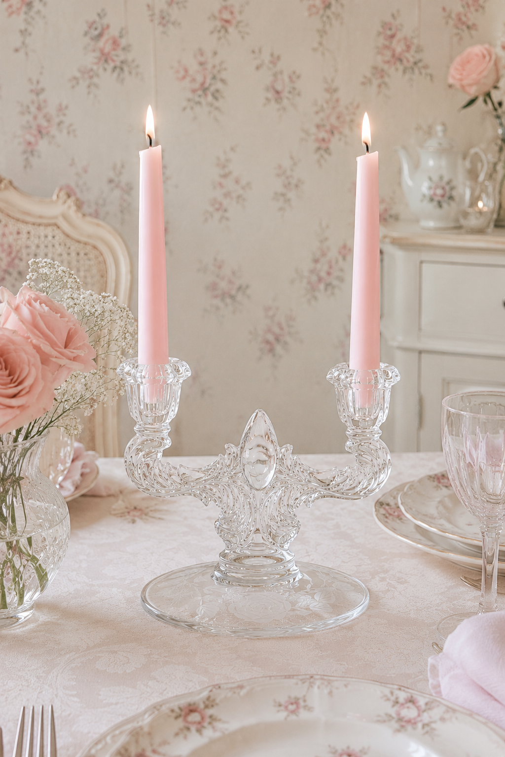 Vintage 1940s WWII Era Crystal Glass Double Candle Holder – Etched Rose Two-Arm Candelabra
