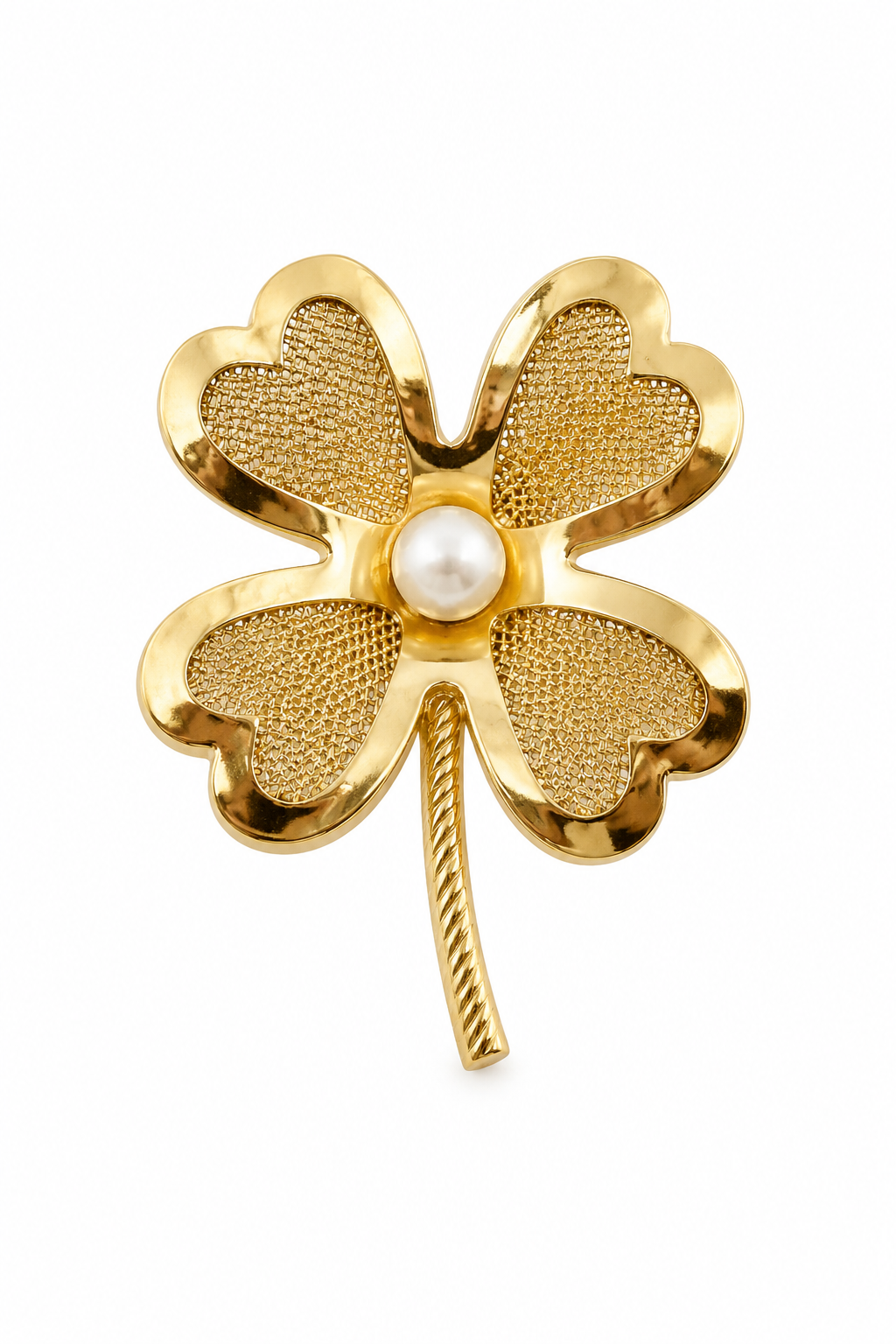 Vintage 1950s–1960s CORO Four Leaf Clover Brooch | Gold Tone Shamrock Pin with Faux Pearl | Lucky Clover Statement Brooch