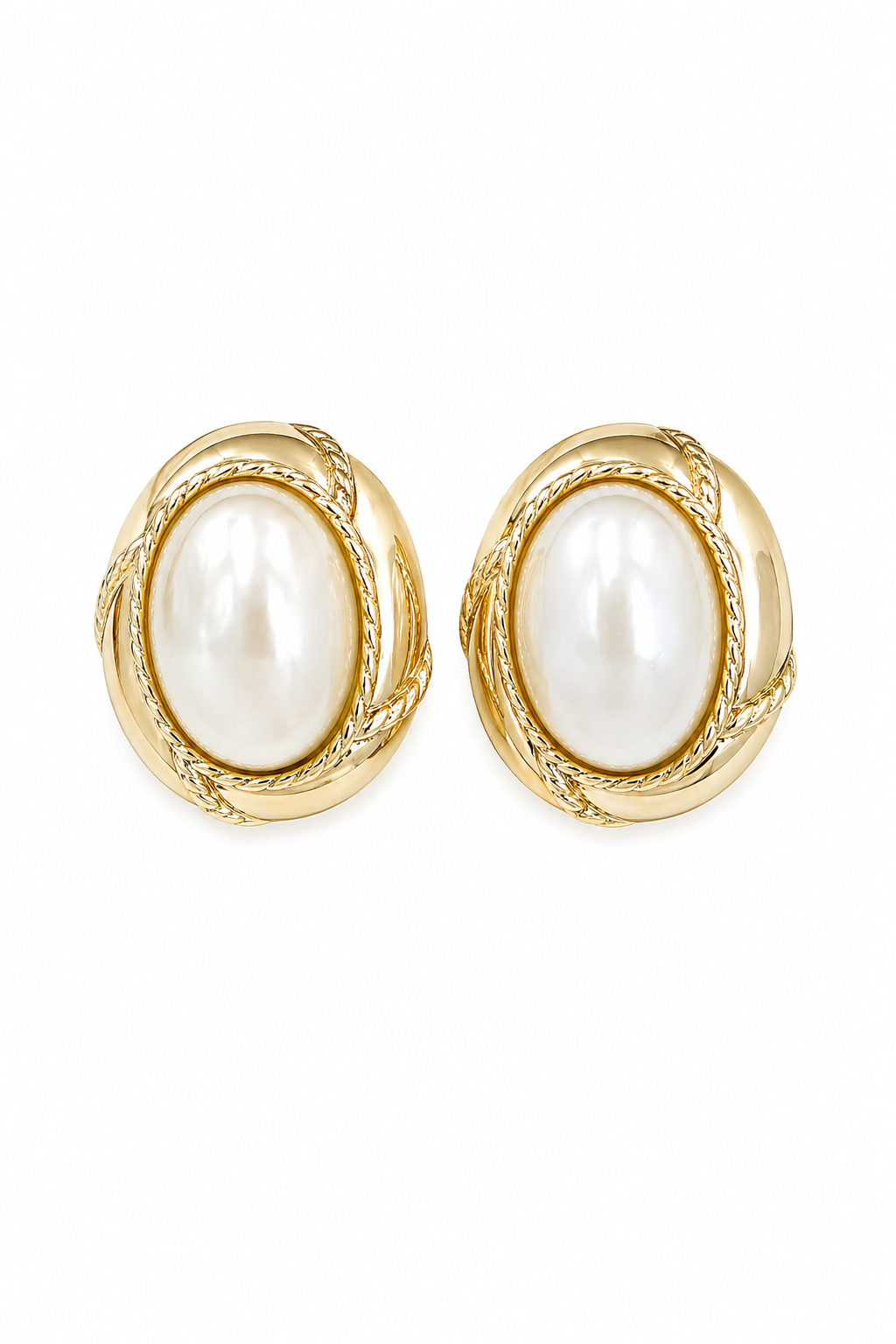 1980s Faux Pearl Oval Gold Tone Earrings | Vintage Statement Stud Earrings