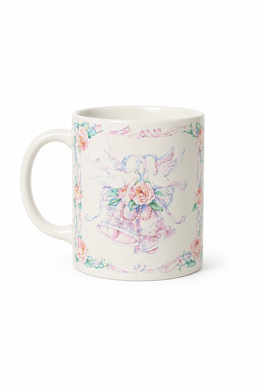 Vintage “Marriage Takes Three” Wedding Mug | Floral Doves & Wedding Bells Religious Bridal Coffee Cup