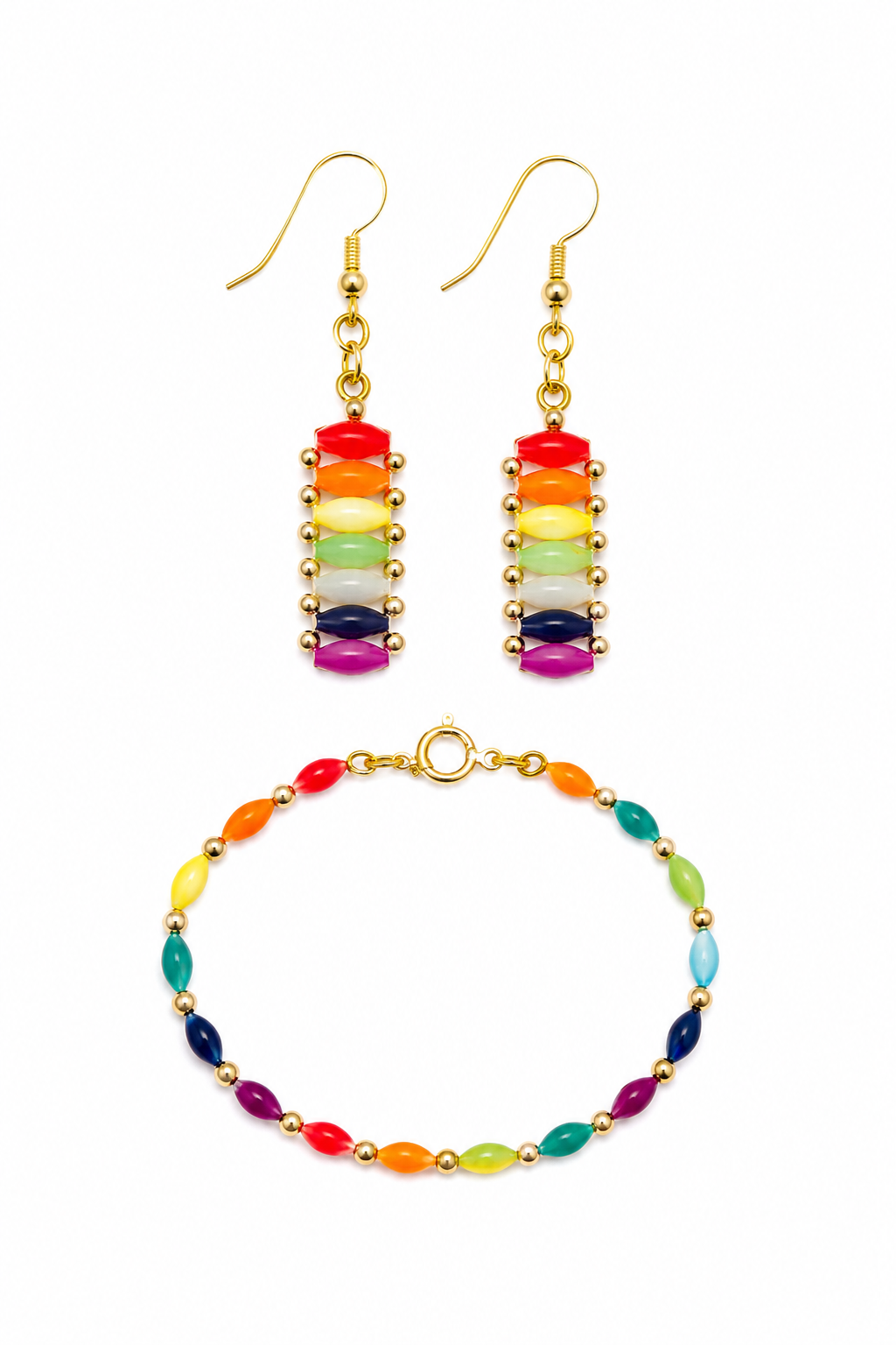 Vintage Y2K Rainbow Rice Bead Jewelry Set Bracelet & Drop Earrings Colorful Beaded Matching Set
