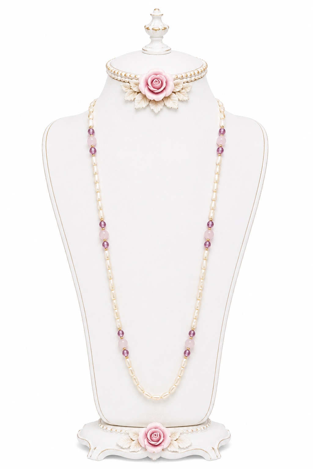 Vintage Faux Pearl & Lavender Beaded Necklace | Romantic Long Statement Necklace | 38” Long