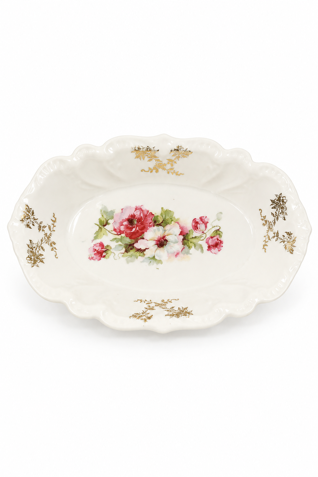 Vintage Porcelain Floral Oval Serving Bowl | Gold Gilt Accents | Romantic Cottage Decor | Vanity Catchall