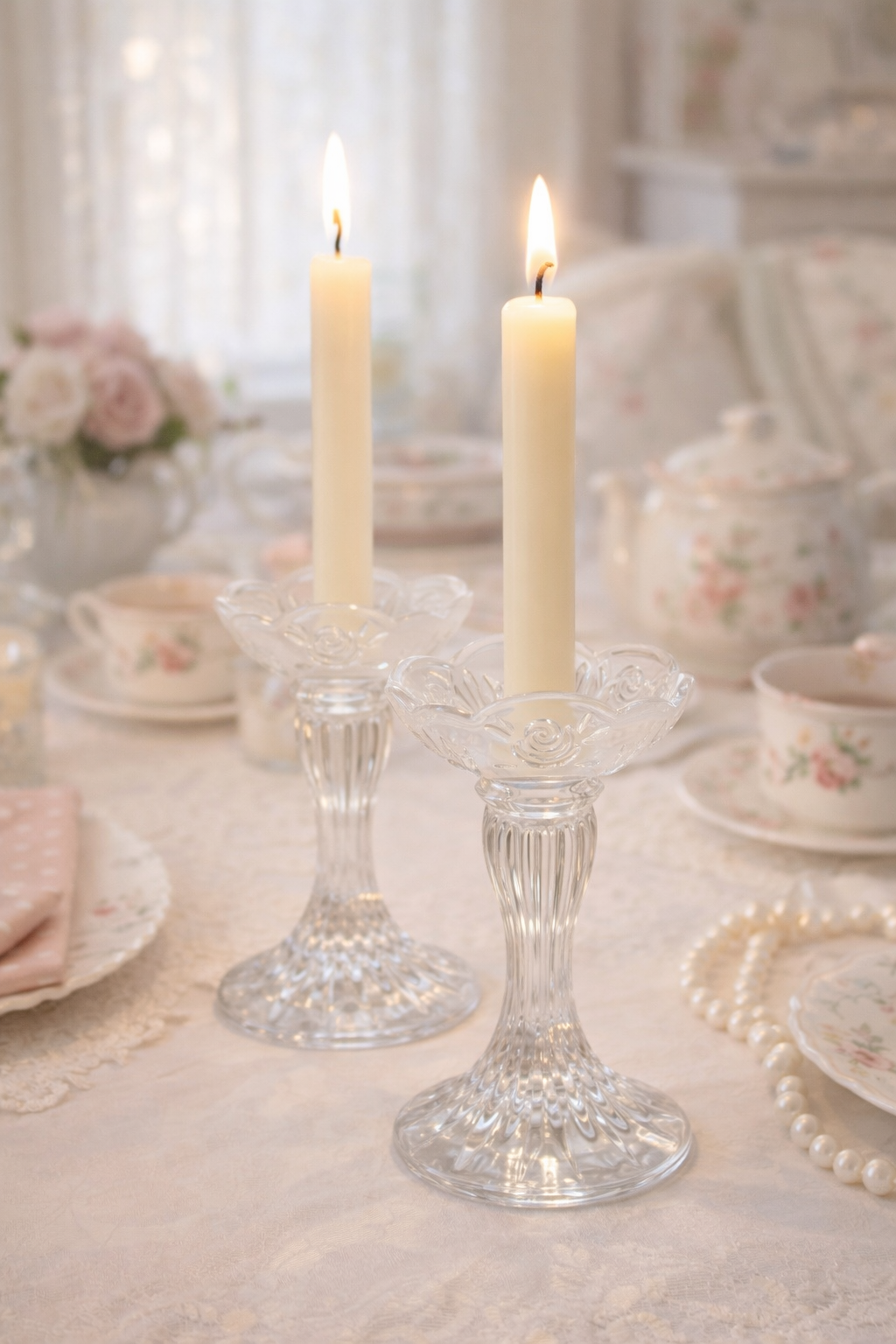 Southern Garden 1990s Lead Crystal Rose Candle Holders | Set of 2