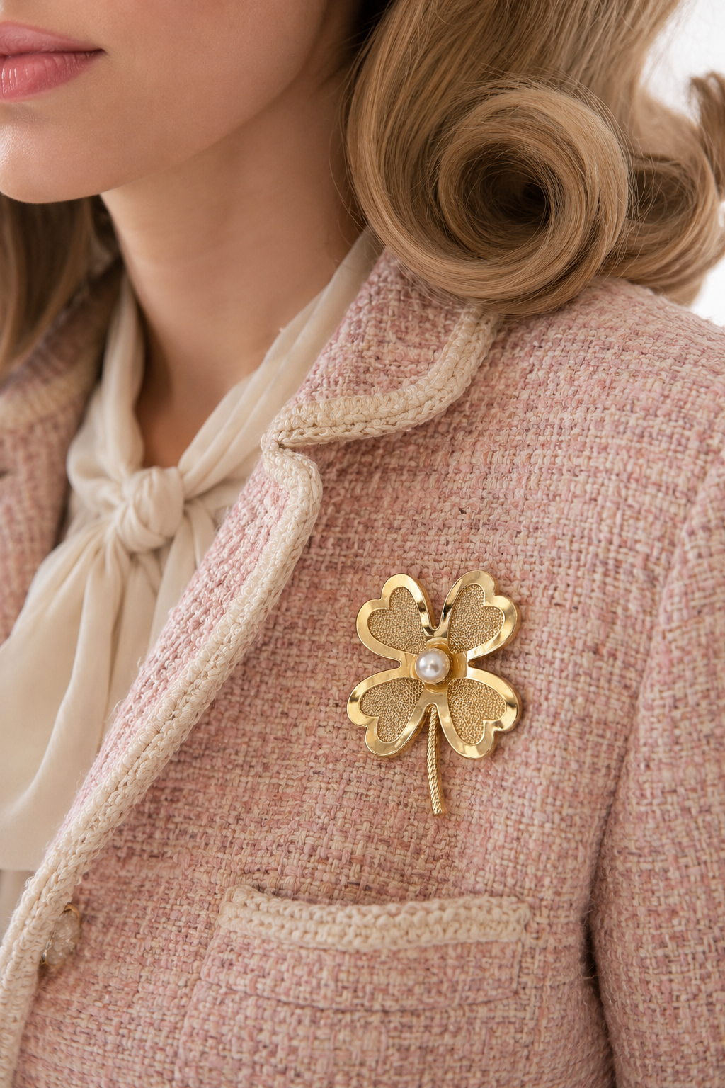 Vintage 1950s–1960s CORO Four Leaf Clover Brooch | Gold Tone Shamrock Pin with Faux Pearl | Lucky Clover Statement Brooch