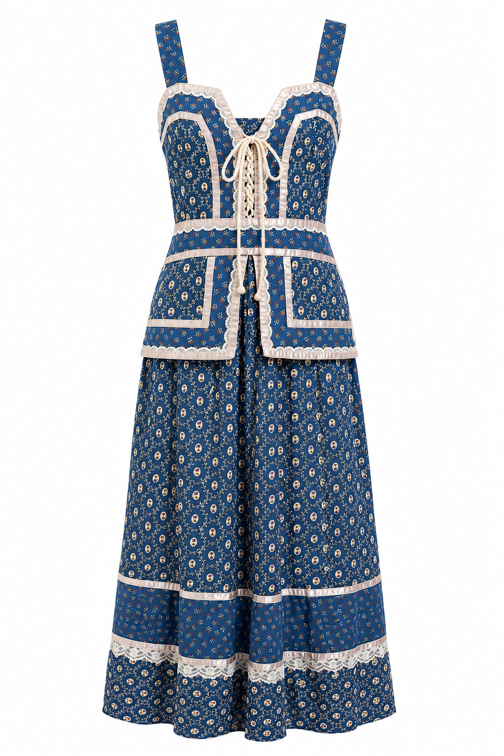 Rare True Vintage 1970s Womans Gunne Sax Blue Prairie Corset Midi Dress – Size 13