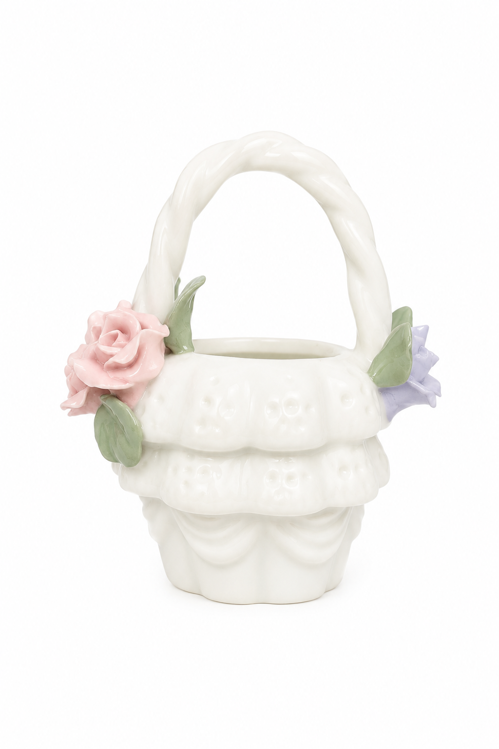 Vintage 1980s Porcelain Floral Basket Trinket Dish | Rose Ring Holder | Cottage Style Jewelry Catchall