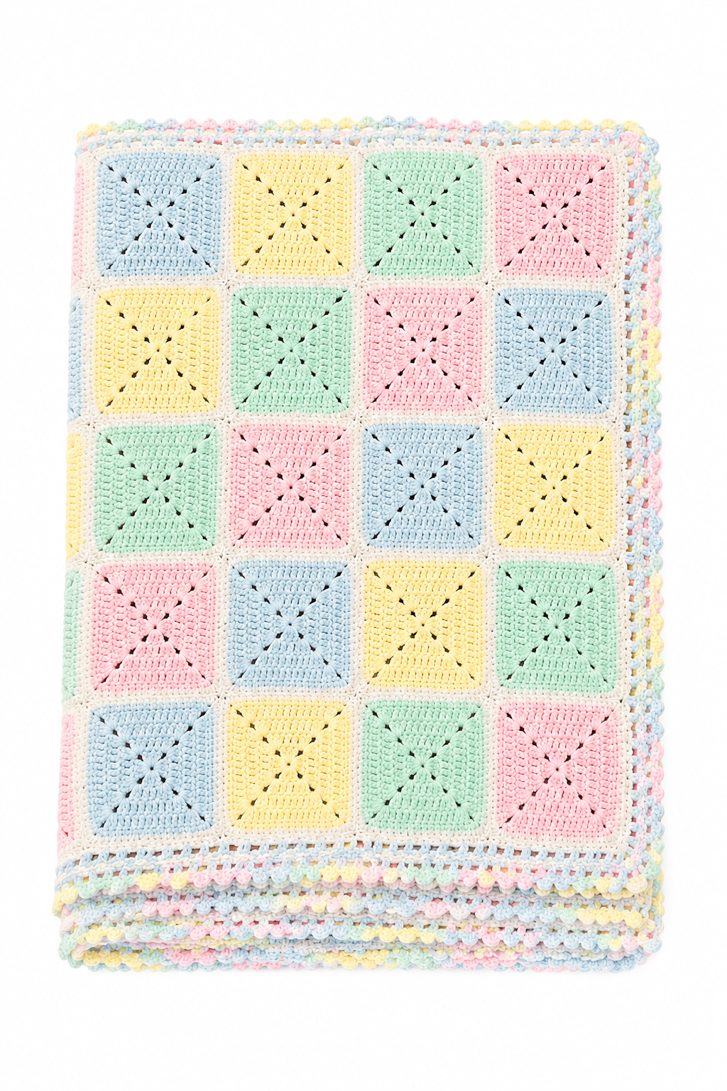 Vintage Pastel Crochet Baby Blanket | Handmade Granny Square Nursery Blanket | Pink Blue Yellow & Mint