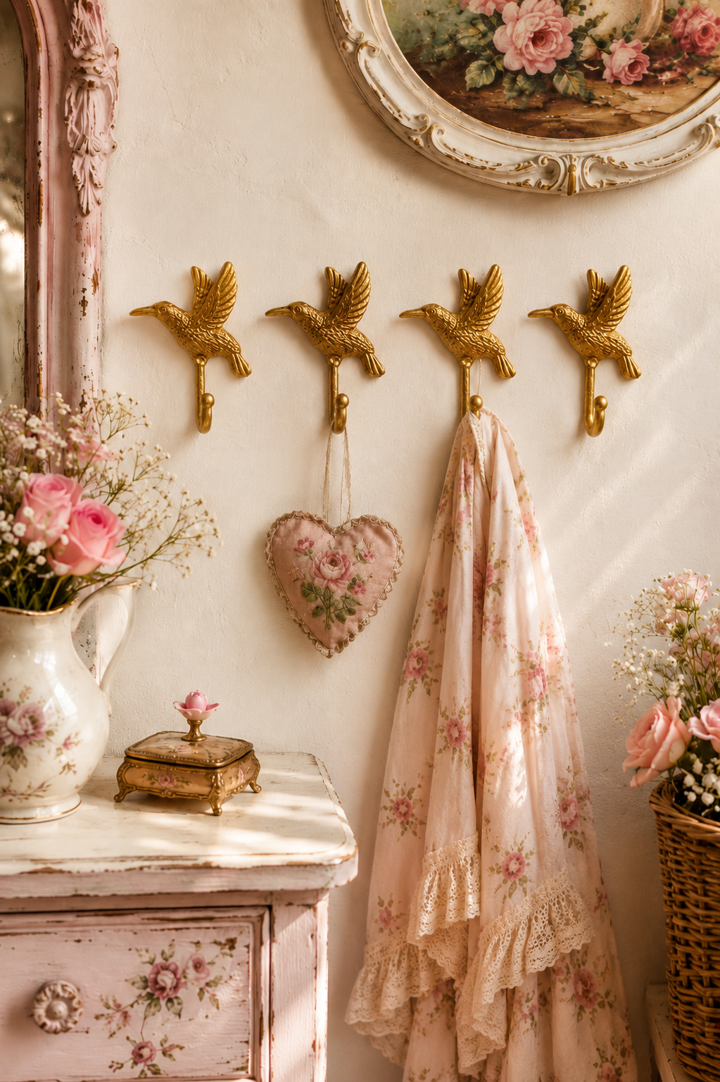 Set of 4 Gold Tone Bird Wall Hooks | Vintage-Inspired Shabby Chic Wall Decor